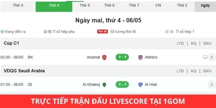 Cập nhật kết quả livescore trên 1gom chi tiết nhất hiện nay